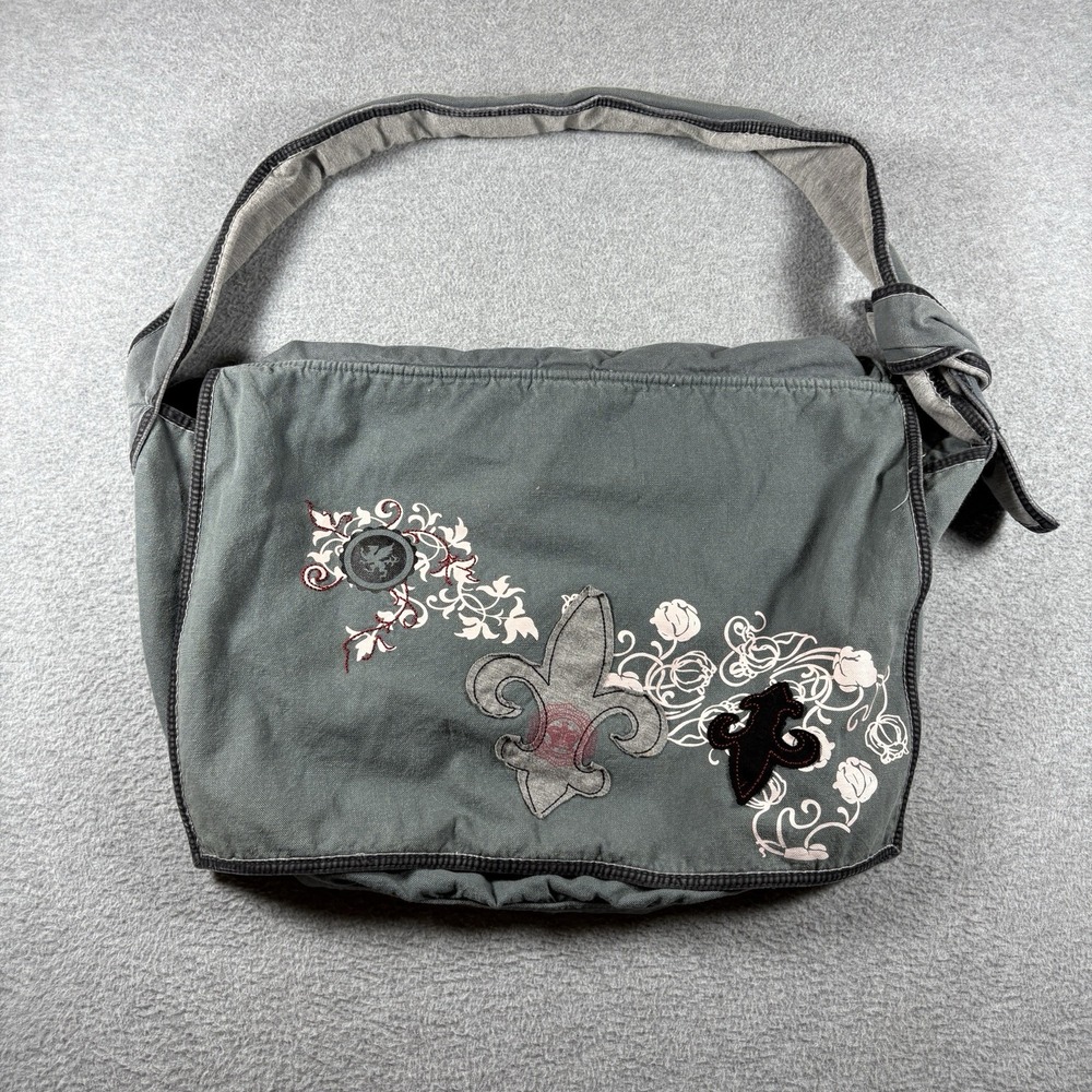 VTG Y2K Old Navy Canvas Messenger Bag Gray Fleur De Lis Floral Crossbody Purse